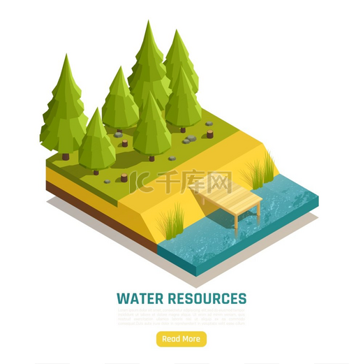 森林边缘自然水资源在线信息等距构图与池塘湖泊河流元素矢量图解图片