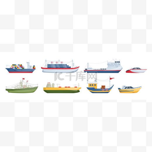 海上船舶、船舶、帆船、游艇、货轮、轮船、船舶、船帆护卫舰、战列舰、油轮。水运船旅游卡通矢量图片