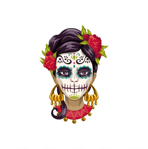 卡特琳娜·卡拉维拉头骨画中的女人墨西哥亡灵节的象征矢量糖面分离头骨头发被隔离的花朵装饰图片