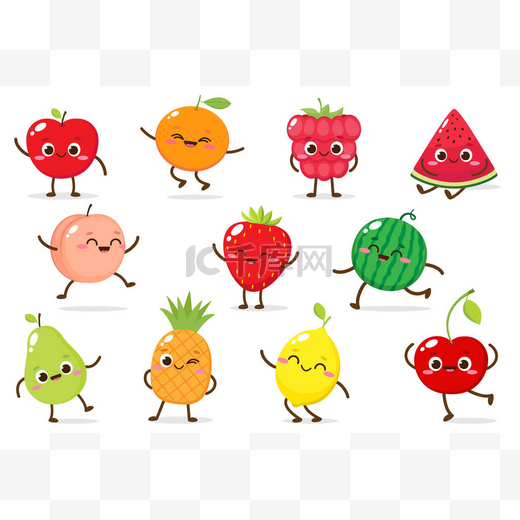 可爱的卡通苹果，覆盆子，草莓，西瓜，菠萝，桃，橙子，梨子，樱桃和柠檬。卡通水果角色集。平淡风格的有趣的情感。食品情感载体说明图片