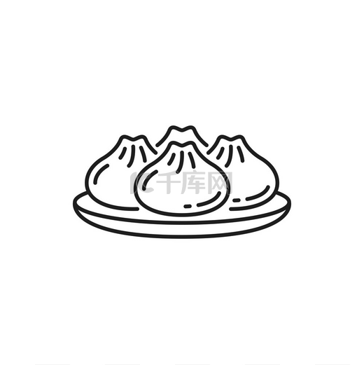 盘子里的包子是一道孤立的细线图标矢量包酵母发酵包中国美食亚洲面包店有馅料馒头日式午餐或晚餐包传统中式蒸包子图片