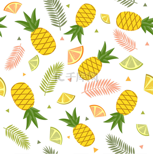 水果、菠萝、柠檬、石灰和棕榈叶的白色背景上的热带图案。彩色矢量图解。设计、装饰、质感、印花、壁纸、纺织品.图片