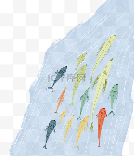 手绘洄游鱼群水彩风童趣可爱游鱼河流彩色鱼儿图片