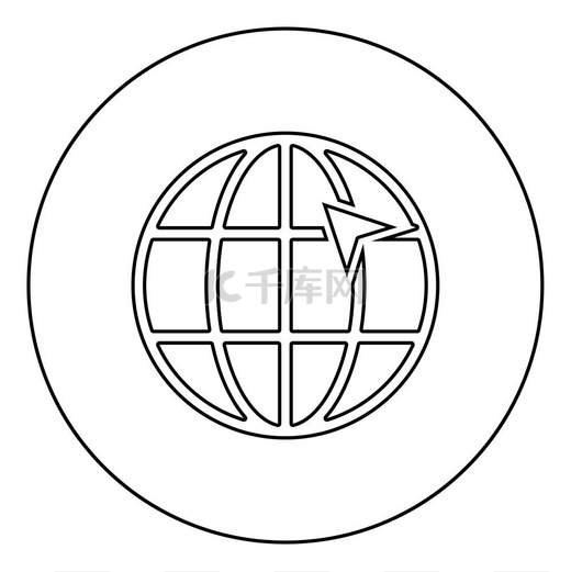 地球网格上的箭头全球互联网概念单击网站上的箭头想法使用网站图标在圆形轮廓黑色矢量插图平面样式简单图像图片