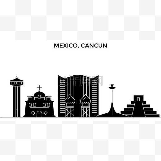 墨西哥，坎昆建筑矢量城市天际线、 旅游地标、 建筑物、 孤立的目光投向背景的城市风光图片