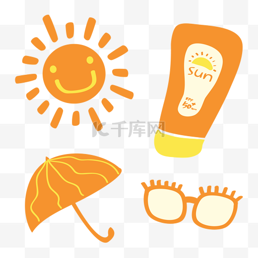 护肤防晒太阳遮阳伞太阳镜橙色系手绘矢量图图片