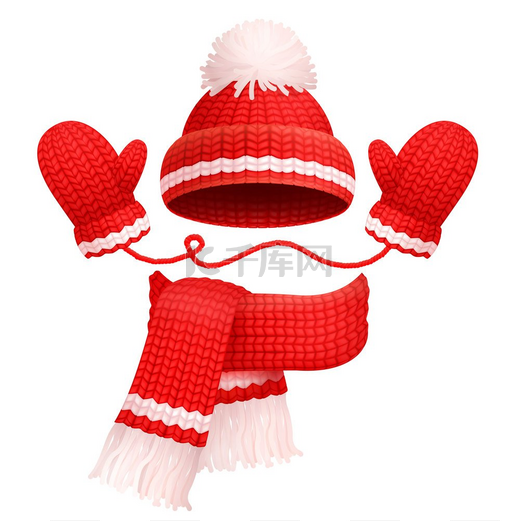 带绒球的帽子和带红色手套的围巾，传统的冬季套装，暖和的衣服，矢量图，隔离在白色背景上。图片