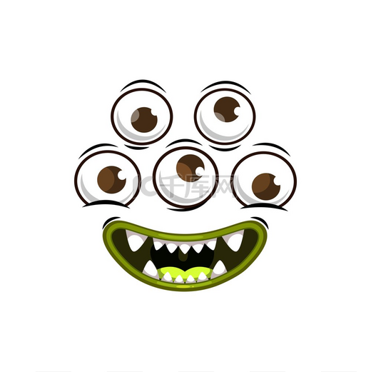怪物脸卡通矢量图标，令人毛骨悚然的生物，三只圆眼睛的情感和带有尖牙的微笑的露齿嘴。图片