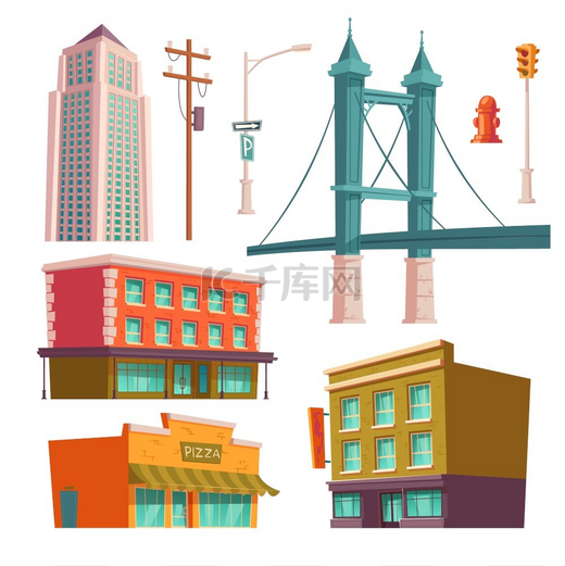 城市建筑、现代住宅建筑桥梁、商店、比萨店和多层摩天大楼塔、路灯、消防栓和带红绿灯的高压杆。图片