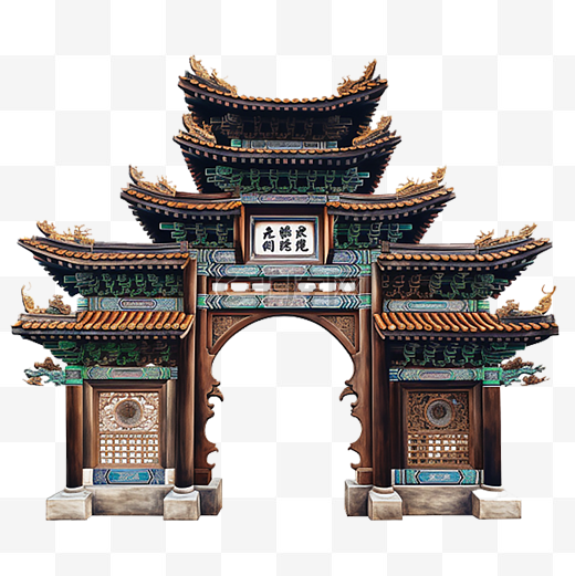 木质建筑的中国古代建筑拱门图片