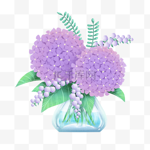 绣球花水彩紫色花瓶图片