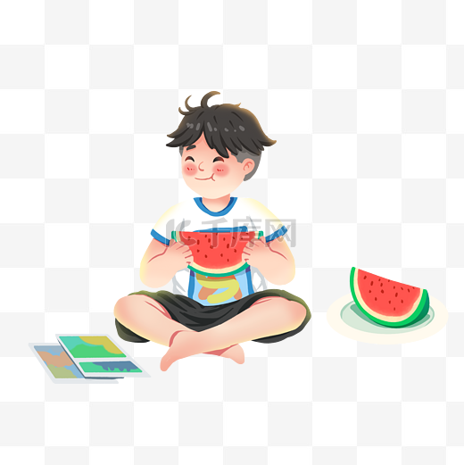 夏季大暑小暑男孩吃西瓜图片