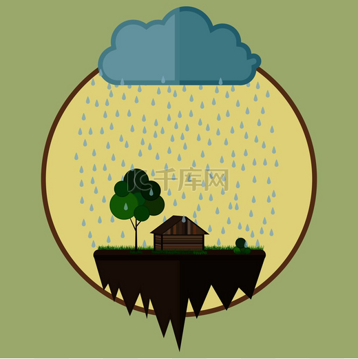 有房子和树的飞岛作为农场绿洲，在云层下，雨滴落下。图片