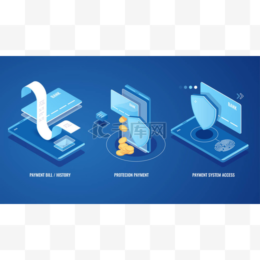 电子帐单、网上付款单通知、支付历史、财务数据保护、带有信用卡的智能手机和蓝色背景的盾构等量矢量说明图片