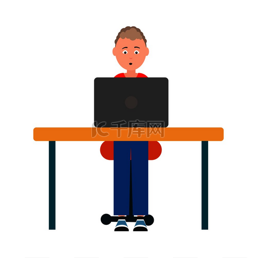 青少年坐在桌旁的椅子上，面前是笔记本电脑矢量插图，在白色背景下被隔离，男孩在电脑的帮助下做作业。图片