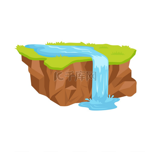 一块土地，有棕色的土壤、绿草和蓝色的河流，变成白色背景上孤立的瀑布。图片