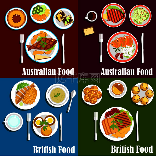 英式和澳大利亚菜肴搭配烤羊排和牛排、咸鲑鱼、肉馅饼、鸡蛋三明治、蔬菜和水果、绿豆汤、吐司、司康面包和热饮。图片