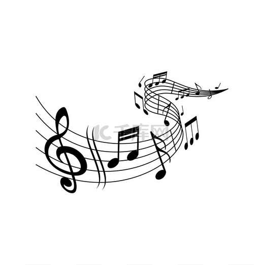 音乐旋律在音符五线谱上波动带有谱号高音矢量古典音乐音乐会管弦乐队交响乐或爱乐乐团的音符在音阶板或乐谱背景上波动波浪上的音乐旋律音符音乐会图片