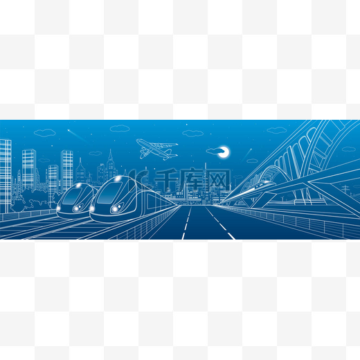 Automobile highway, infrastructure and transportation panorama, airplane fly, train move on the bridge, two locomotives in depot, night city, towers and skyscrapers, urban scene, vector design art图片