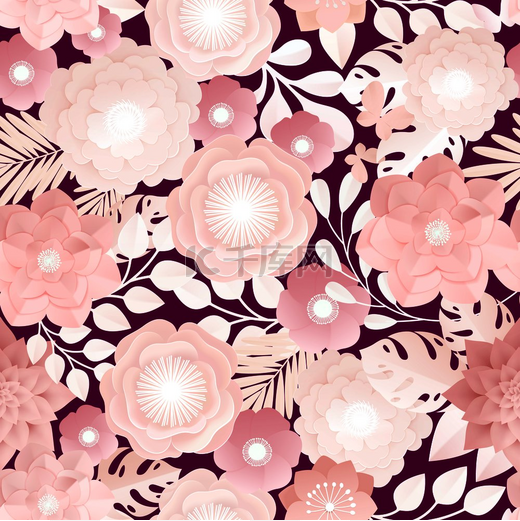 彩色 3d 纸花无缝图案与大雏菊玫瑰叶和其他花卉矢量插图。 图片