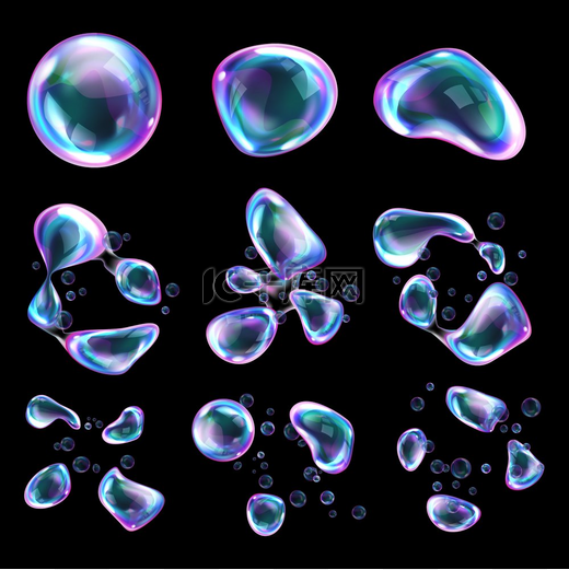 肥皂泡破裂的过程阶段，彩虹色的逼真透明空气球，带有反射和高光，在风中变形和爆炸，矢量插图隔离集。图片