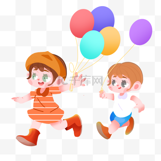 卡通小孩手拿气球奔跑图片