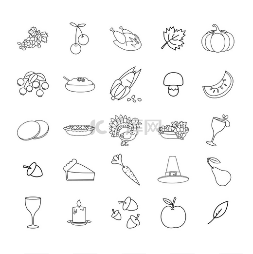 感恩节标志线条艺术图标系列在白色背景下分离的水果和蔬菜食品和饮料火鸡和餐具媒介秋收节属性插图图片