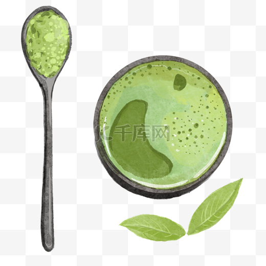 抹茶茶叶水彩风格绿色茶饮图片