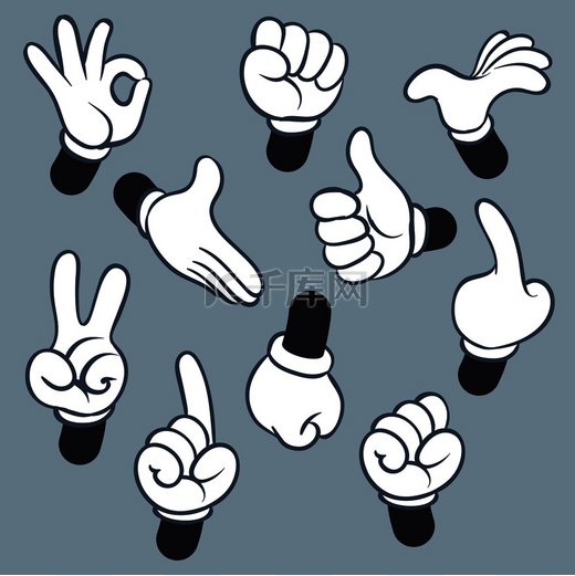 卡通手臂各种手势的手涂鸦戴着手套的指针手人类的指针手臂复古漫画矢量插图集卡通手臂各种手势的手涂鸦戴着手套的指针手人类的指针手臂病媒图片