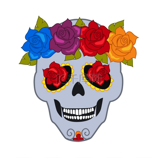 人类头骨和花环用白色花朵装饰的孤立头骨的插图有叶子的彩色玫瑰花而不是眼睛卡通设计色斑扁平风格矢量人类头骨和花圈孤立性颅骨图片