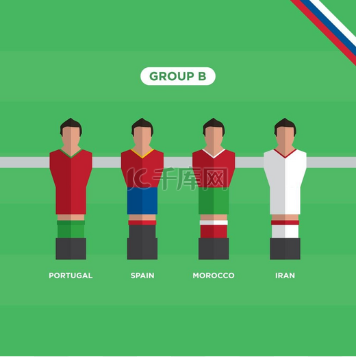 桌上足球（足球）球员，2018 年俄罗斯世界杯，B 组。可编辑矢量设计。图片
