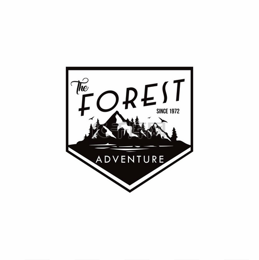 森林，山冒险黑色和白色徽章矢量标志图片