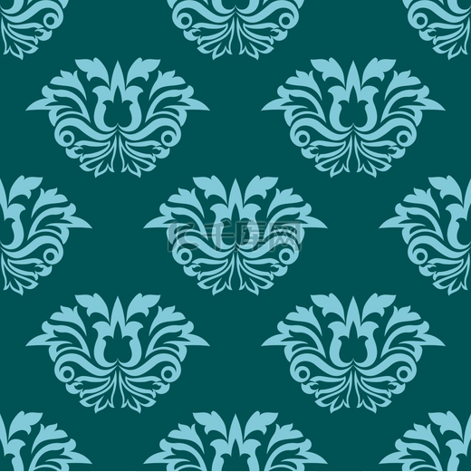 绿松石蓝色锦缎风格的无缝图案，带有重复的花卉蔓藤花纹图案，方形图案适合壁纸或织物图片