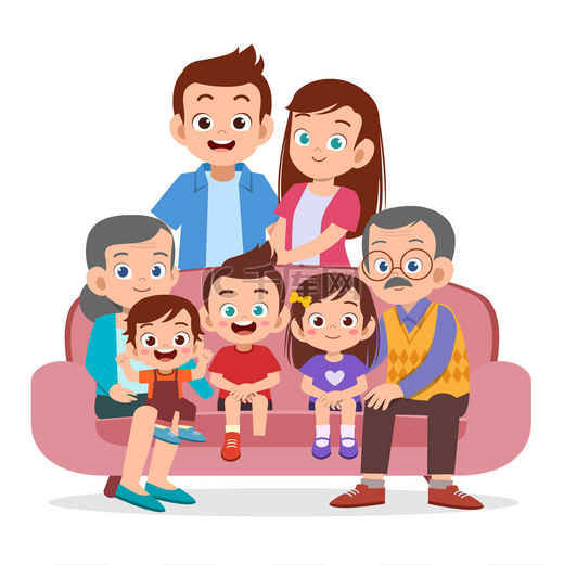 幸福的笑脸夫妇和他们的成年子女、孙子孙女和孙子孙女在家里的起居室里聚会。四代联合家庭卡通矢量插画图片