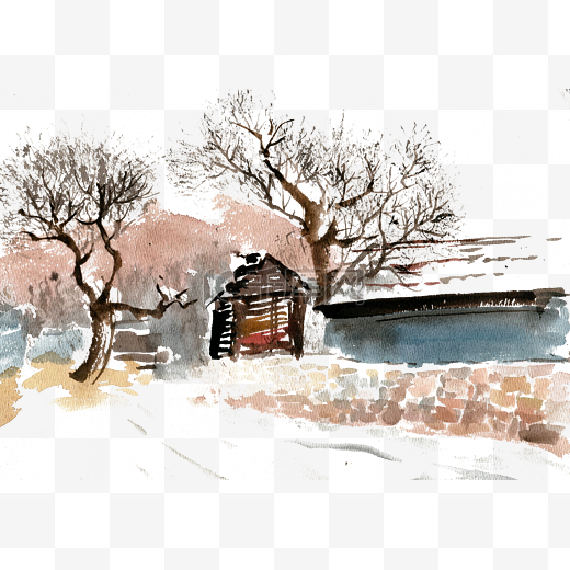 雪中山村水墨风景山水图片