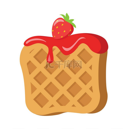 亲爱的比利时华夫饼干配红草莓奶油比利时华夫饼干配果酱和草莓亲爱的华夫饼干上流动的红色奶油前视图简单卡通风格的方形脆华夫饼图片平面设计3插图矢量图片