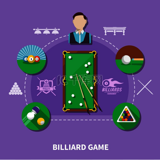 淡紫色背景的台球游戏组合，带有玩家、球和球杆、桌子、游戏标志矢量插图。图片