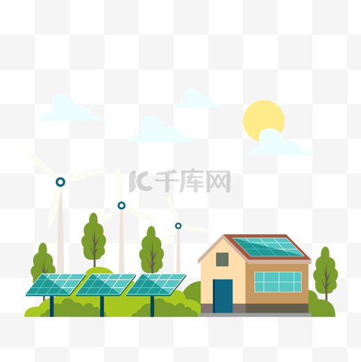 房屋太阳能风力发电环保绿色能源概念插画图片