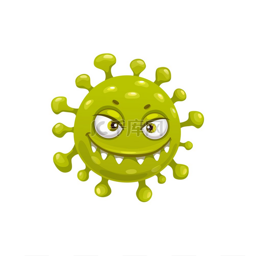 卡通冠状病毒细胞载体图标、有趣的 covid19 病毒或细菌或带有露齿笑脸的细菌特征。图片