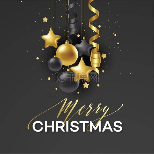海报圣诞快乐高级书法字体金色装饰奢华的黑色背景上有金球装饰矢量图10海报圣诞快乐高级书法字体带有金色装饰图片