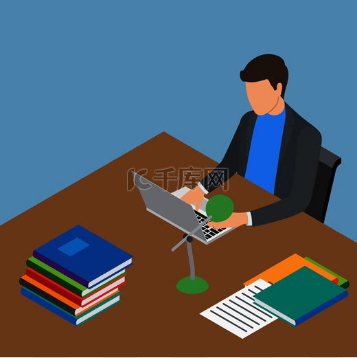 不露面的男性在棕色木桌上用笔记本电脑工作，桌子上有绿灯，许多书籍和其他文件矢量图。图片
