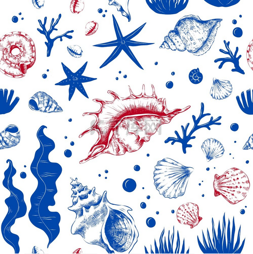 贝壳图案无缝纹理搭配海洋贝壳蓝海星孤立的珊瑚和藻类红色双壳类或海洋蛤壳类水下动物背景矢量纺织品印花模板贝壳图案无缝纹理搭配海洋贝壳图片