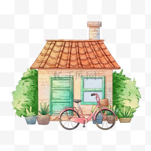 房子和自行车水彩图片
