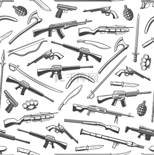武器无缝图案背景与矢量狙击步枪、机枪和猎枪、手榴弹、刀和戟、剑、斧头和砍刀、长矛、弓、箭。图片