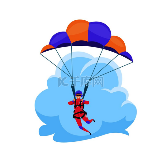 卡通跳伞运动员跳伞极限运动摔倒在地性格孤立在白色矢量降落伞在空中悠闲地飞行跳伞极限运动摔倒在地性格孤立在白色矢量伞兵图片