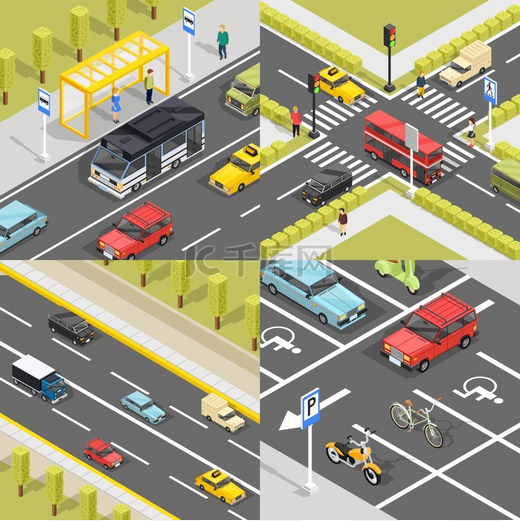 城市交通广场横幅带有城市街道交通区域交叉口和停车矢量图的方形等距组合交通横幅集图片