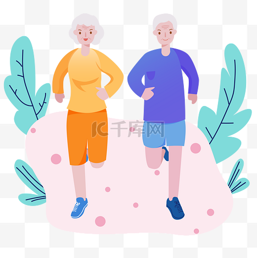 矢量老年人老两口跑步运动锻炼老年生活插画图片