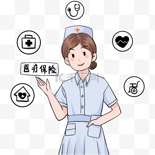 蓝色女医生医疗保险五险一金社保社会保险插画图片