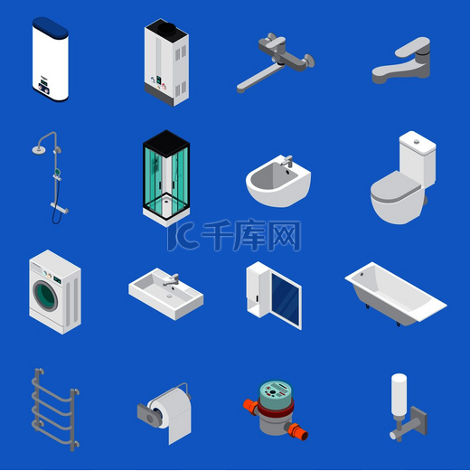卫生工程，包括水龙头、浴缸、水槽、厕所、洗衣机等距图标，隔离在蓝色背景矢量图上。图片