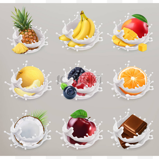 水果、浆果和酸奶。芒果，香蕉，菠萝，苹果，橙，巧克力，甜瓜，椰子。3D矢量图标集2图片